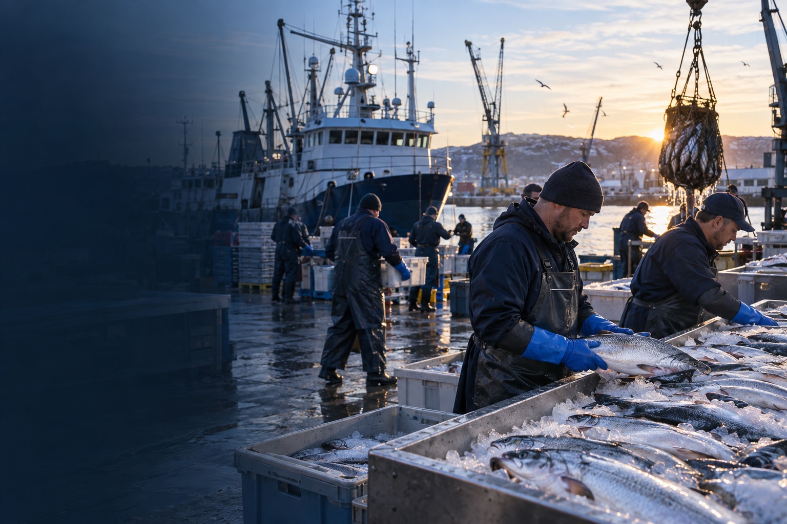 Seafood market at a working fishing harbour