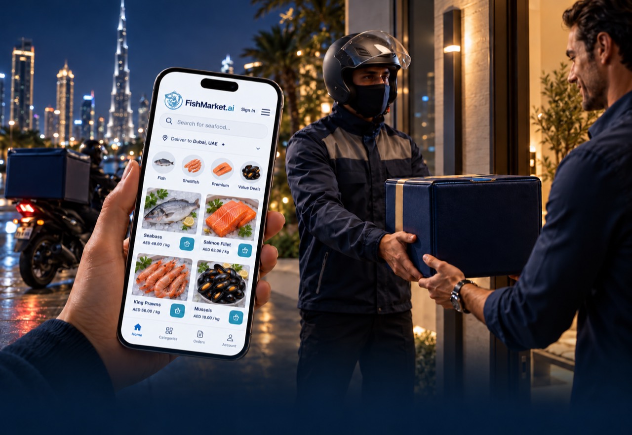 FishMarket.ai app on a phone with a seafood delivery at the door