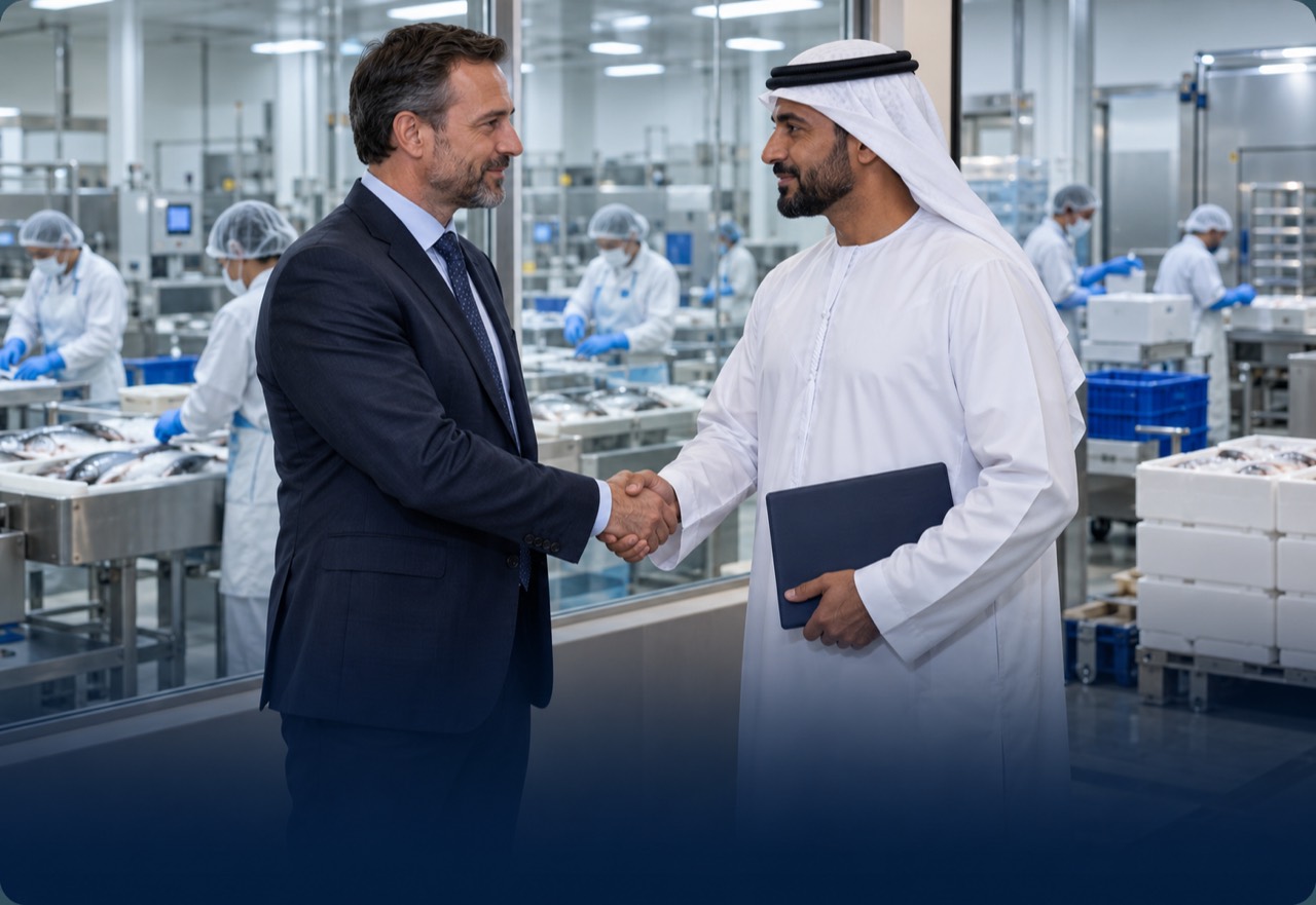 Seafood business partners shaking hands at a processing facility